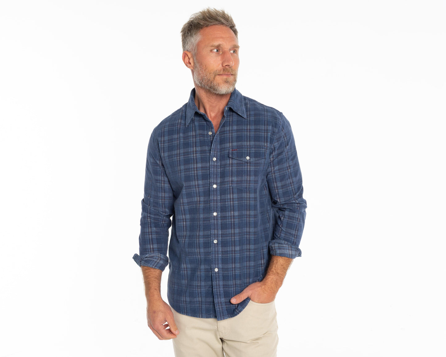 Corduroy Pearl Snap - Dusty Blue Plaid