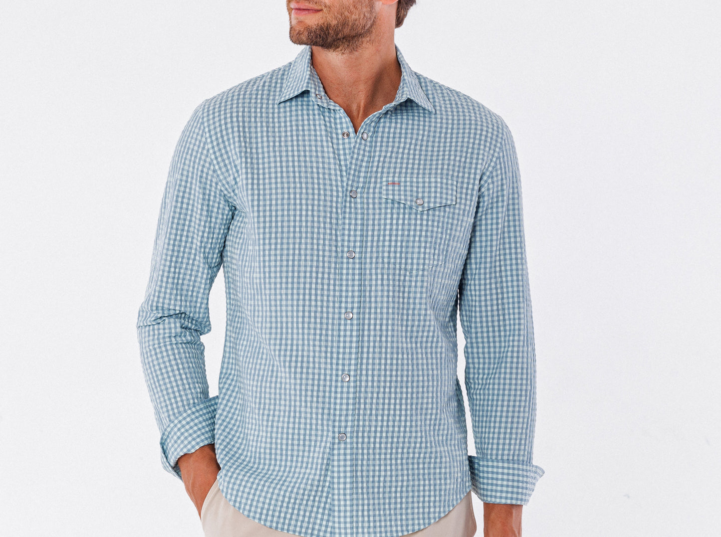 Performance Pearl Snap Button Down - Gingham Seersucker - Blue