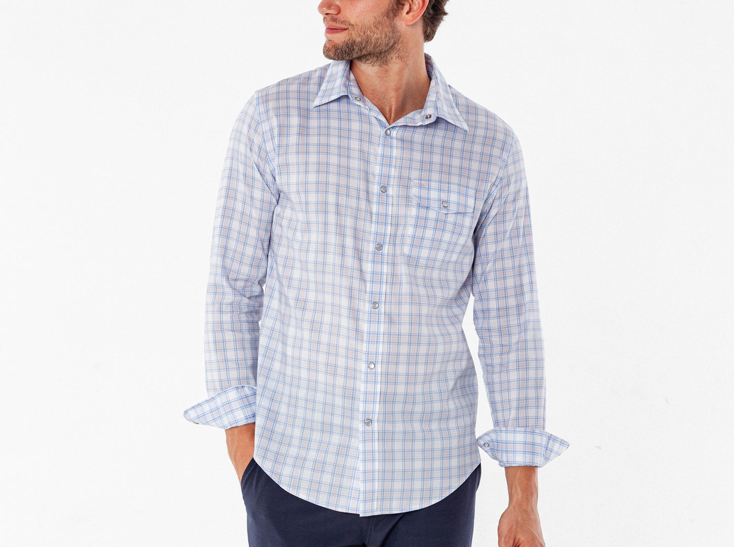 Performance Long Sleeve Pearl Snap - White Heron Check