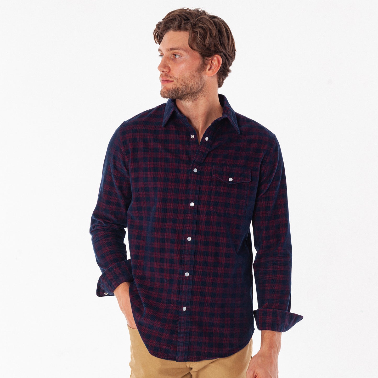 Corduroy Pearl Snap - Navy Check