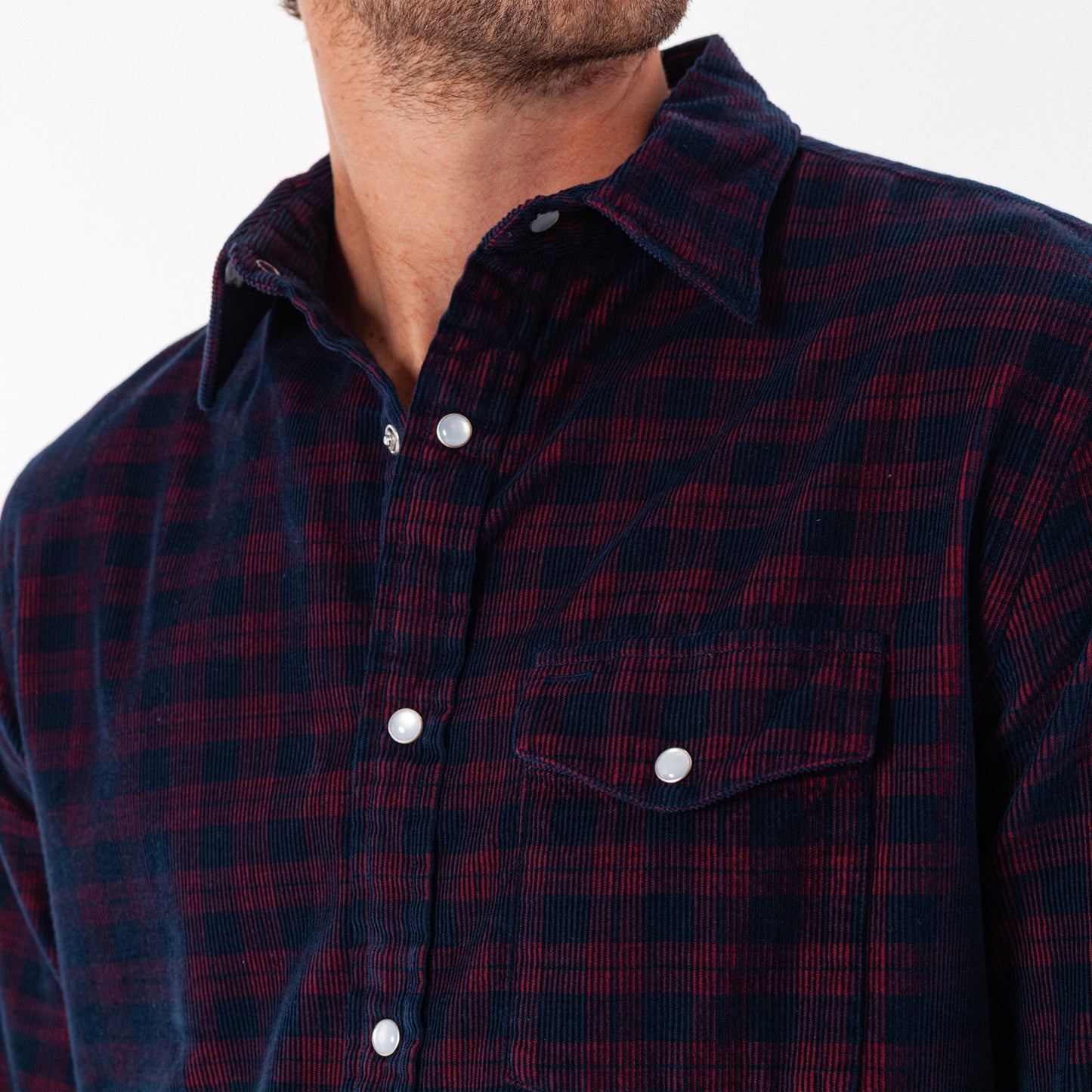 Corduroy Pearl Snap - Navy Check