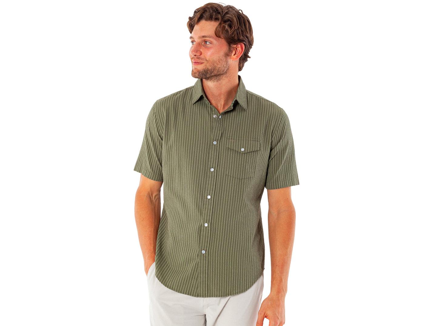 Short Sleeve Performance Pearl Snap - Olive Seersucker
