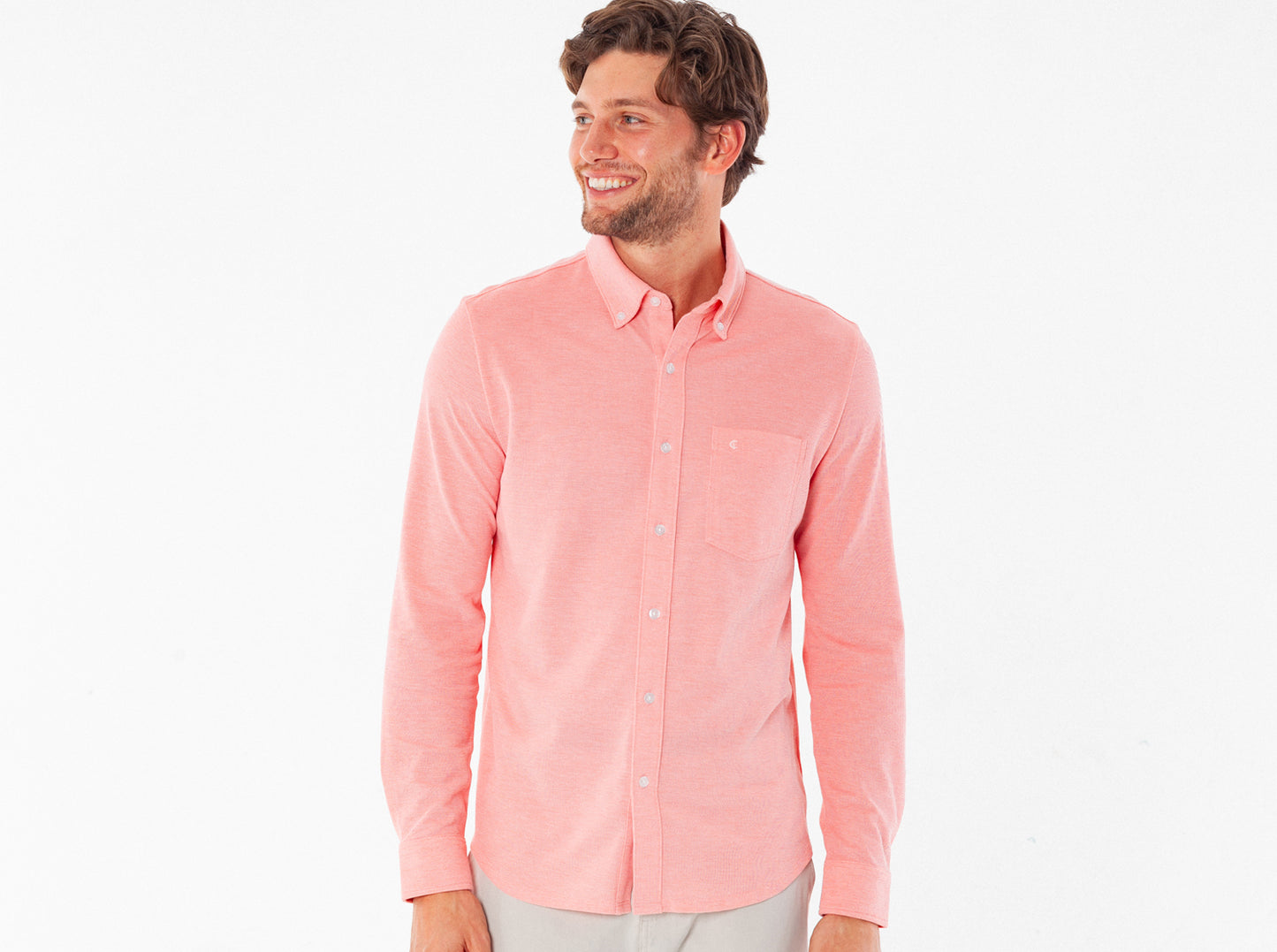 Oxford Knit Button Down - Soft Coral