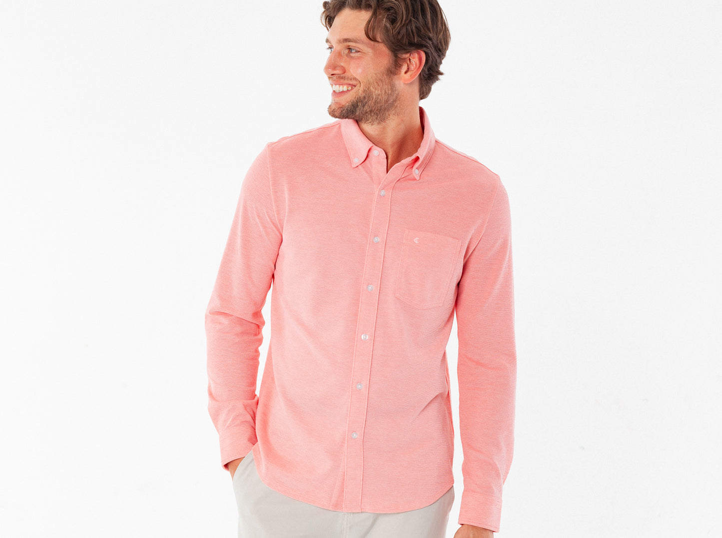 Oxford Knit Button Down - Soft Coral