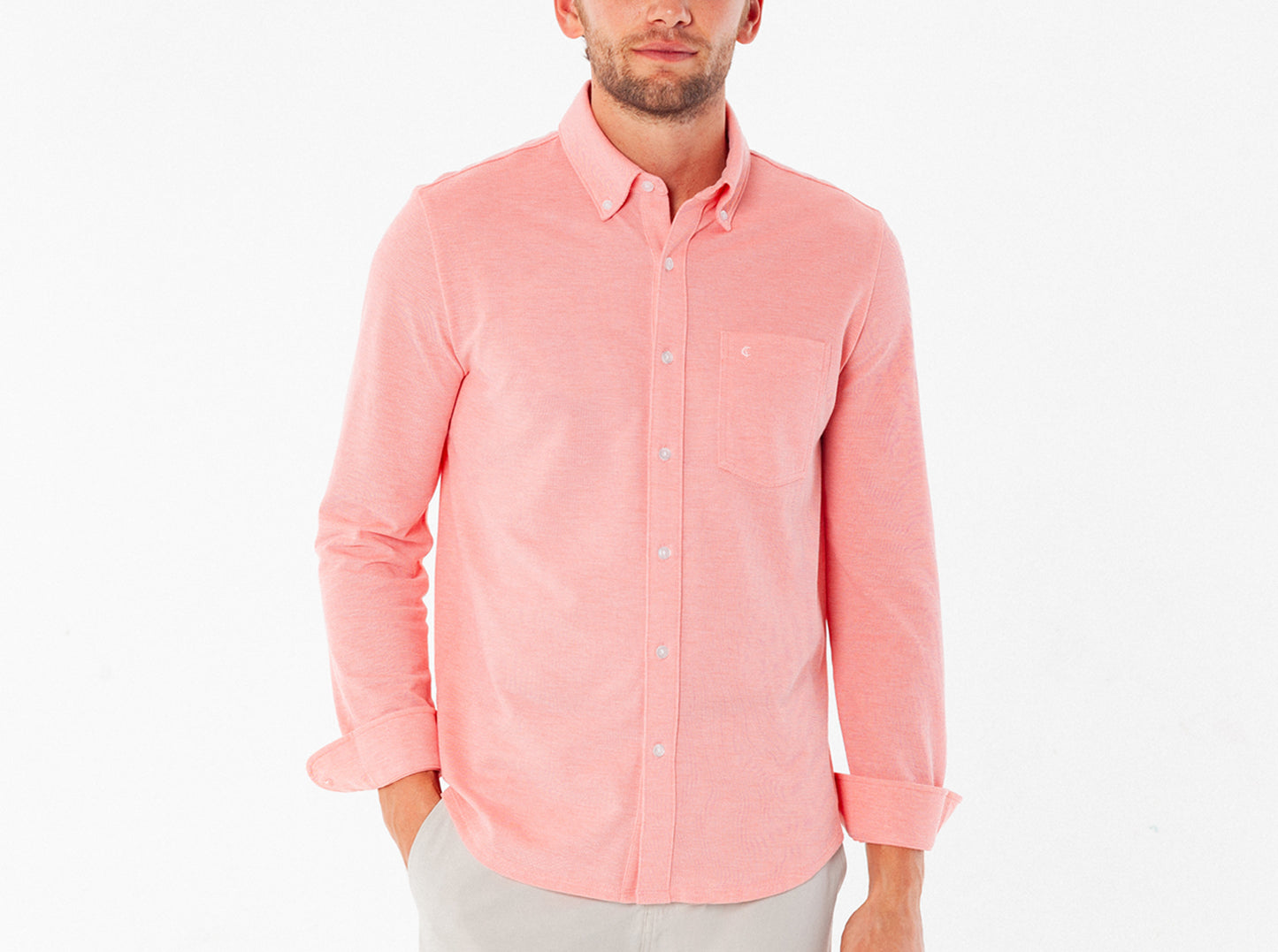 Oxford Knit Button Down - Soft Coral