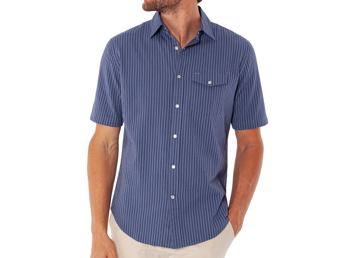 Short Sleeve Performance Pearl Snap - Dusty Blue Seersucker