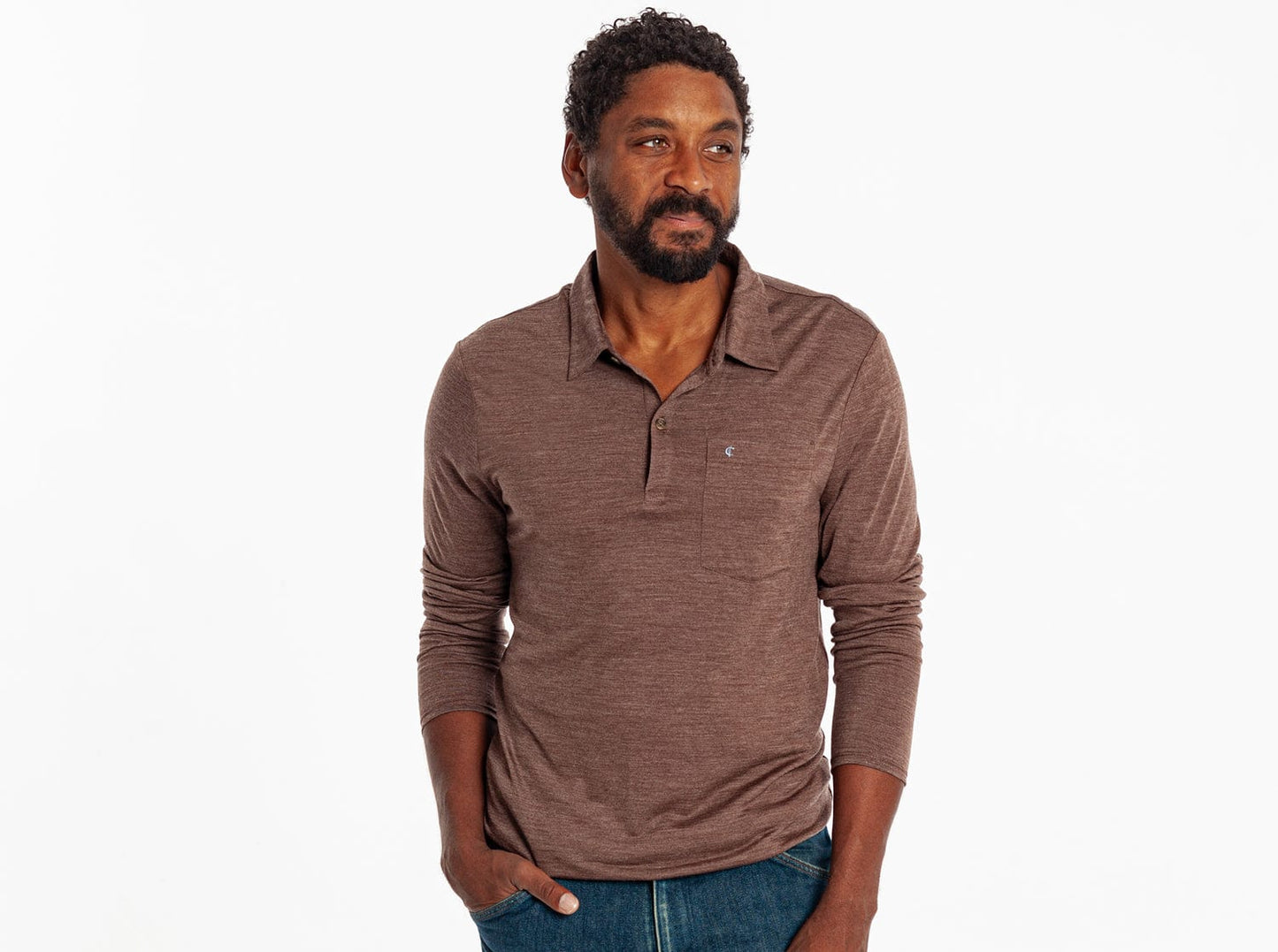 Criquet Dan Merino Long Sleeve Polo in Wool, Brown, studio photo