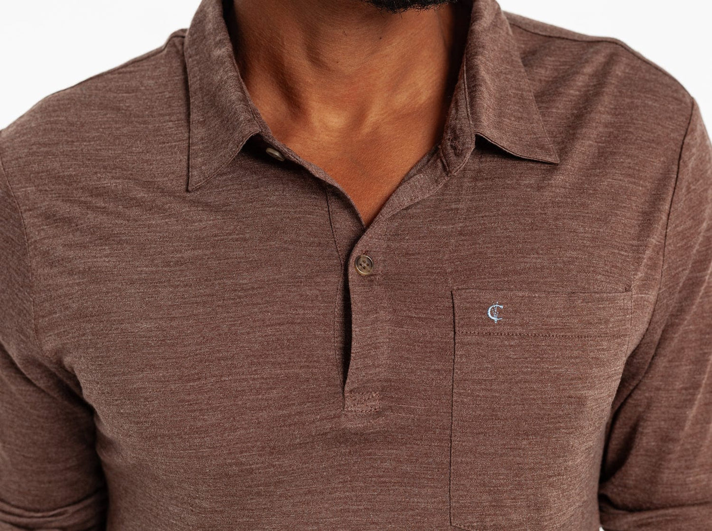 Criquet Dan Merino Long Sleeve Polo in Wool, Brown, studio photo