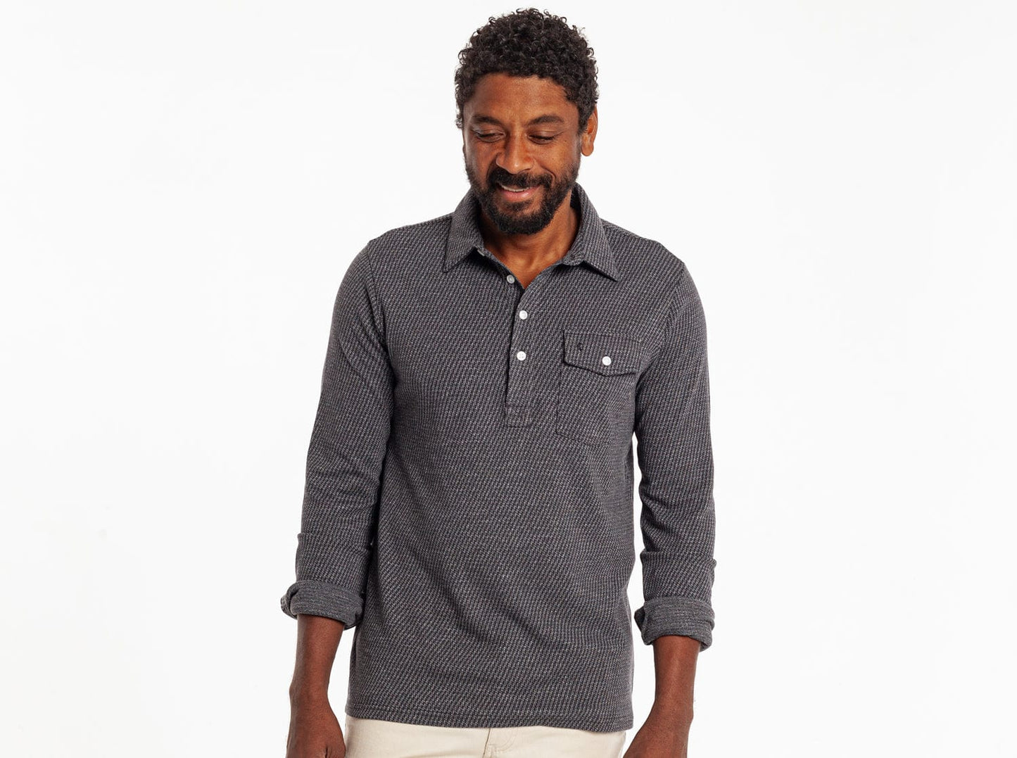 Criquet Houndstooth Long Sleeve Players Shirt in Dark Slate, studio photo