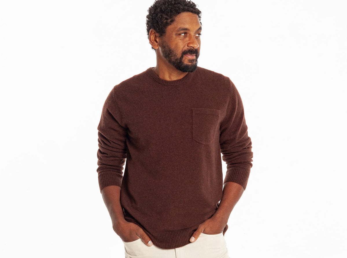 Criquet Legacy Cashmere Pocket Crew in Espresso, studio photo