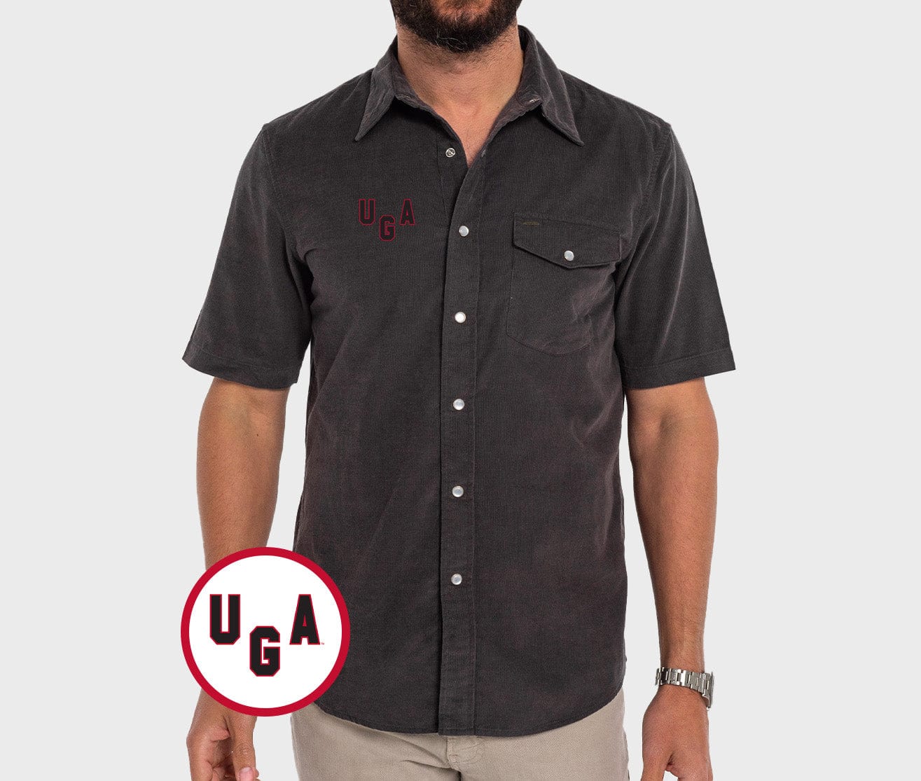 Georgia - Short Sleeve Corduroy Pearl Snap - UGA - Gray