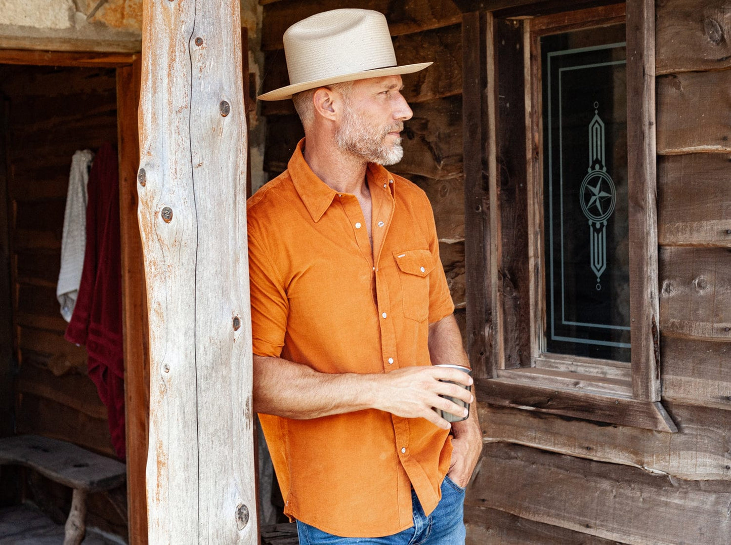 Short Sleeve Corduroy Pearl Snap - Burnt Orange
