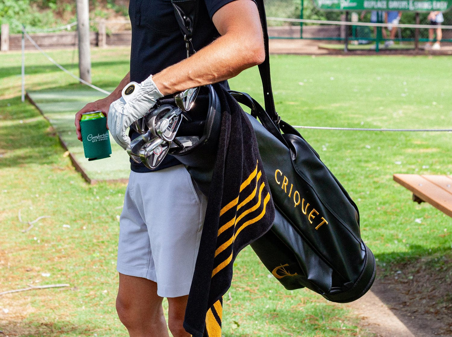 Terry Jacquard Golf Towel - Criquet Stripe - Black/Gold