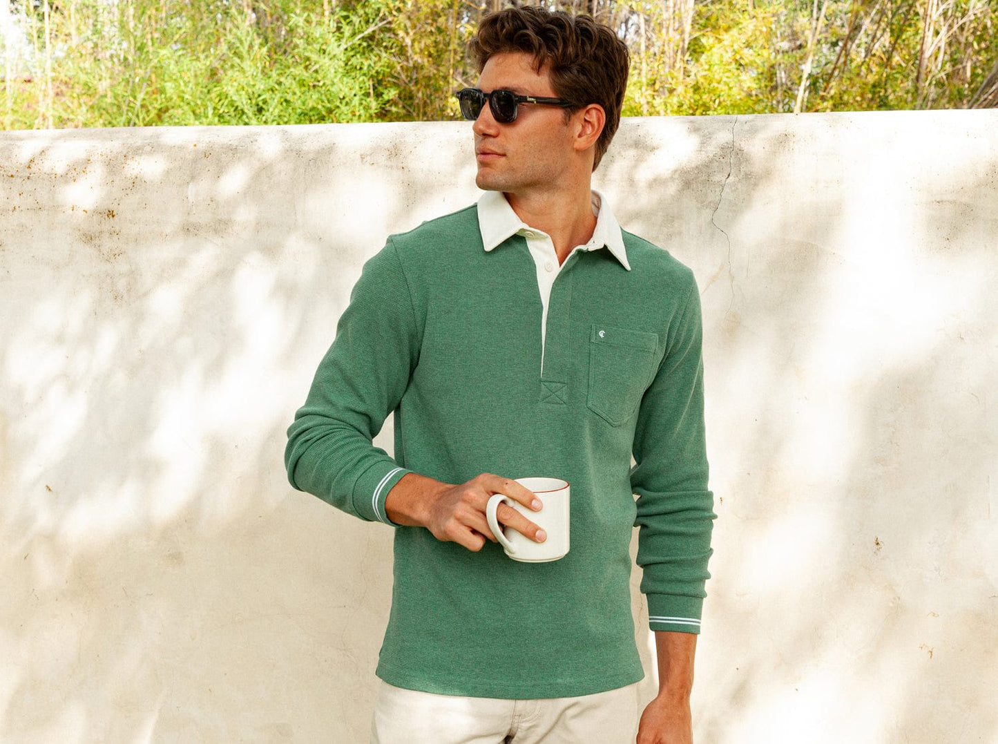 Criquet Waffle Rugby Shirt in Heather Green, view 1