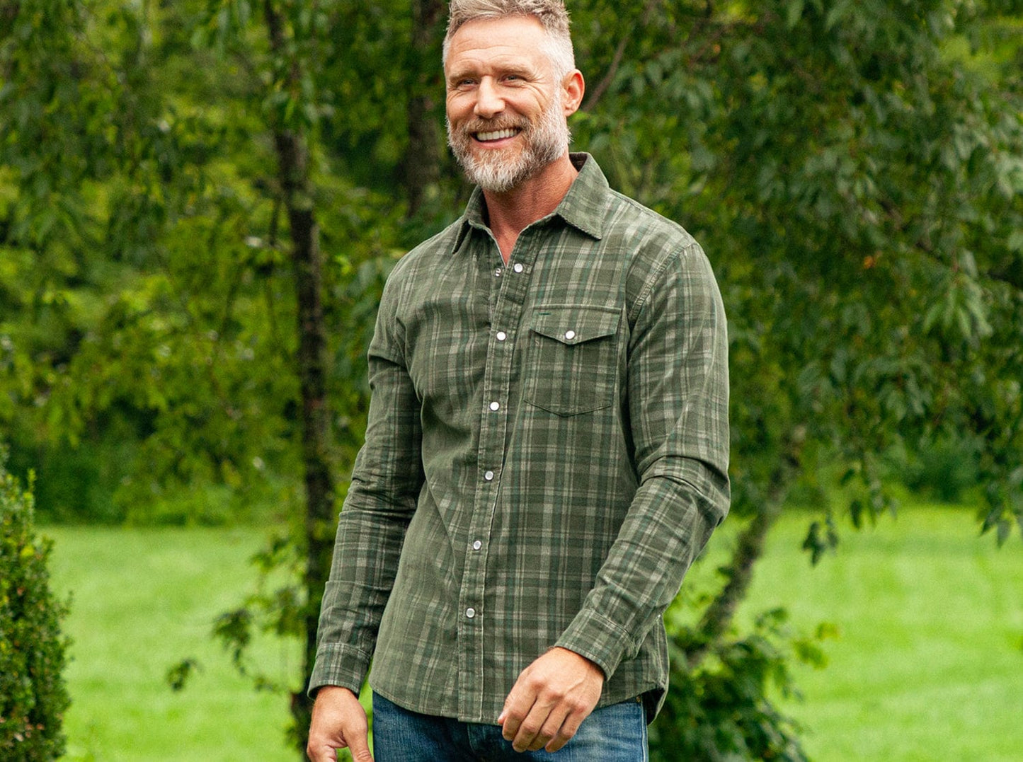 Corduroy Pearl Snap - Olive Plaid