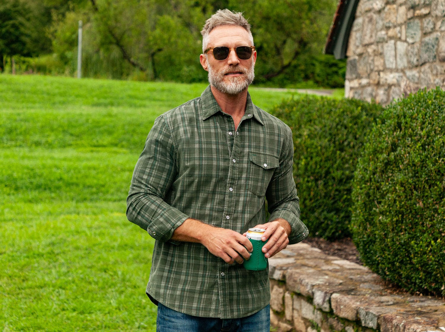 Corduroy Pearl Snap - Olive Plaid