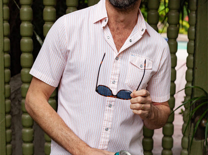 Short Sleeve Performance Pearl Snap - Peach Seersucker