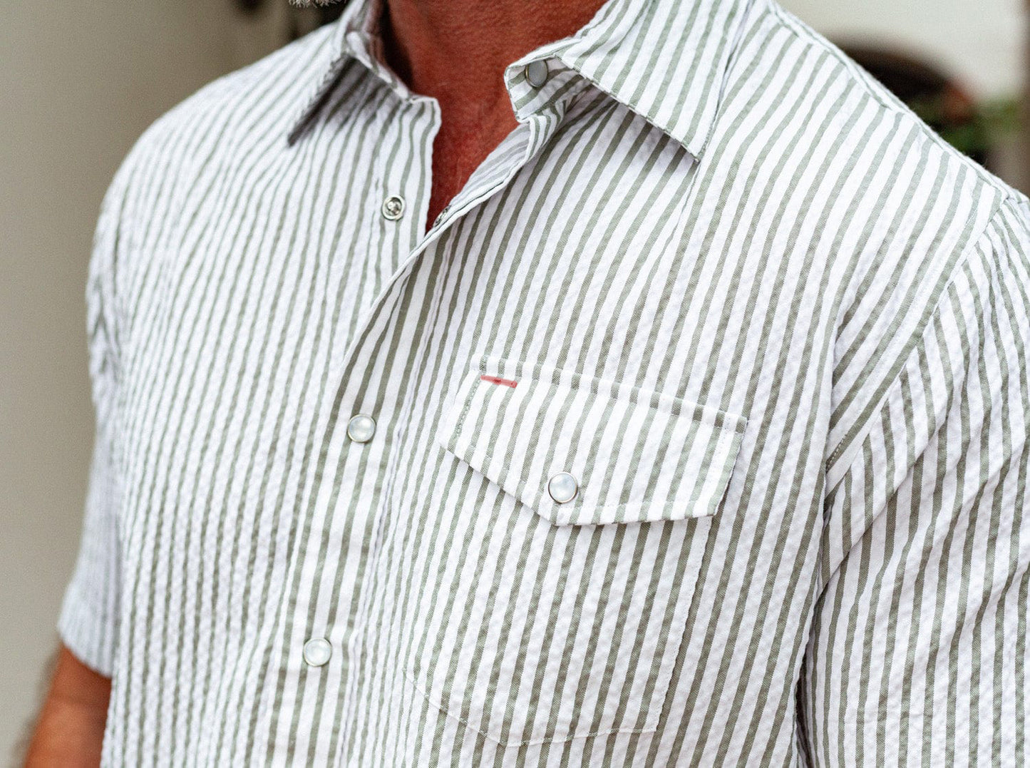 Short Sleeve Performance Pearl Snap - Sage Seersucker