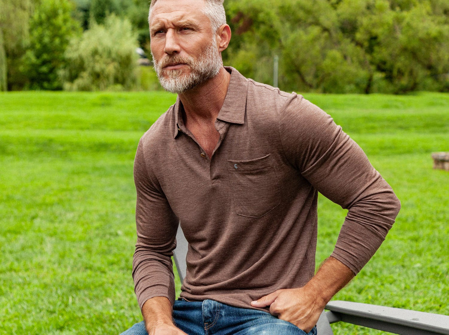 Criquet Dan Merino Long Sleeve Polo in Wool, Brown, view 8