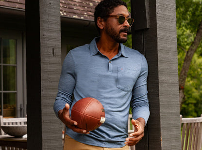 Dan Merino Long Sleeve Polo - Wool - Blue