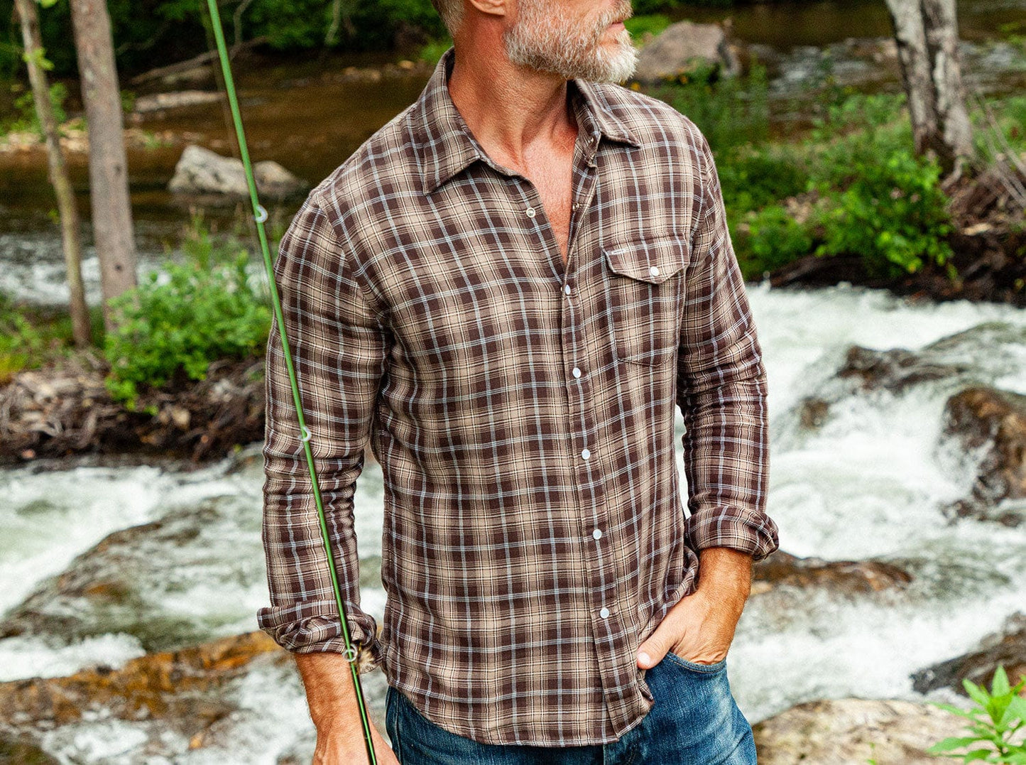 Double Cloth Flannel Pearl Snap - Ronan Plaid - Brown