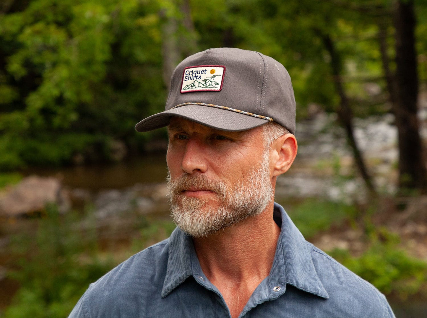 Throwback Hat - Mountains Patch with Multi Rope - Washed Black Twill