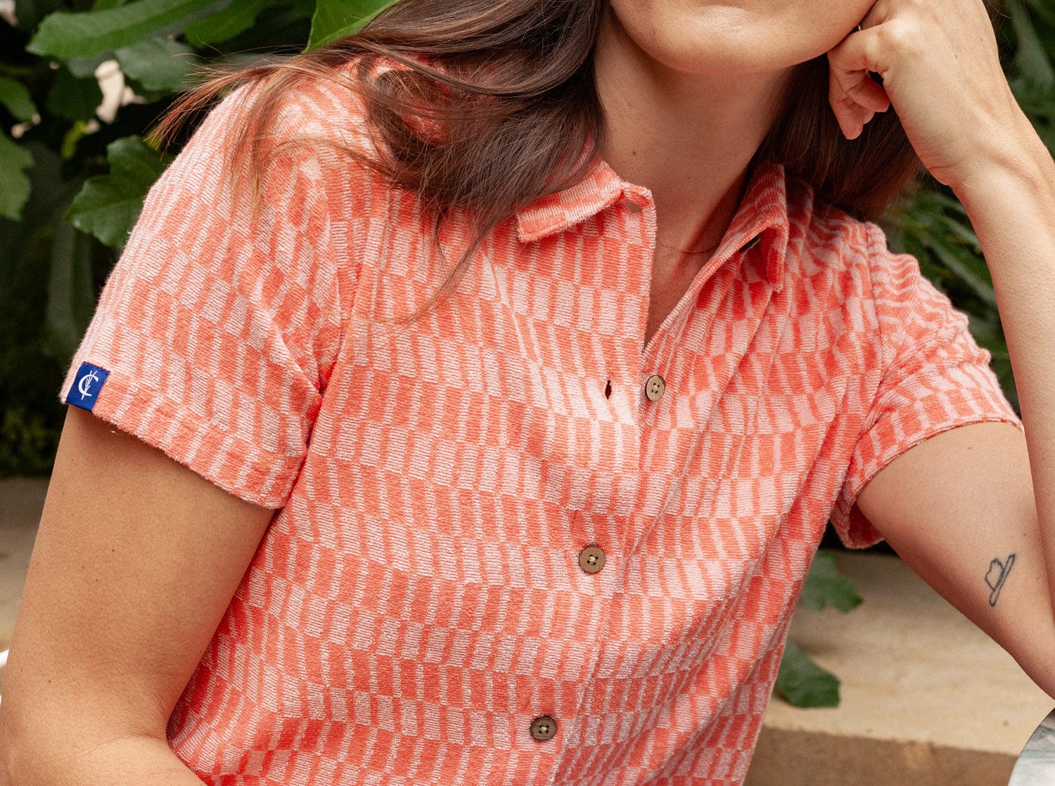 Women's Terrycloth Button Down - Check Jacquard - Coral - Secondary