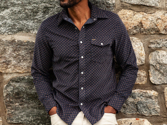 Corduroy Pearl Snap - Star Geo Print - Navy