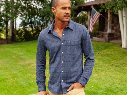 Chill-Knit Plaid Pearl Snap - Navy Jacquard