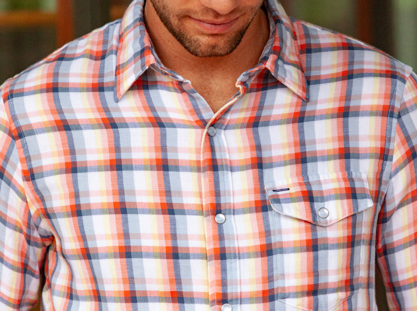 Double Cloth Flannel Pearl Snap - Multi Plaid - Peach