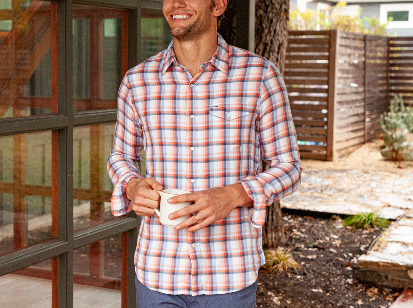 Double Cloth Flannel Pearl Snap - Multi Plaid - Peach