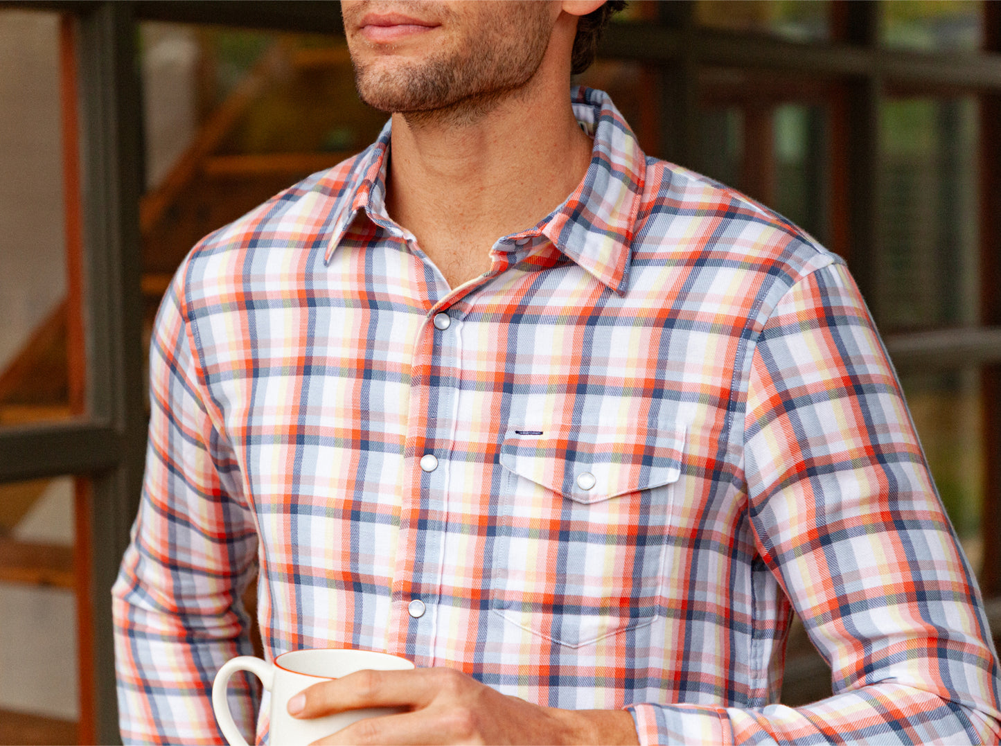 Double Cloth Flannel Pearl Snap - Multi Plaid - Peach