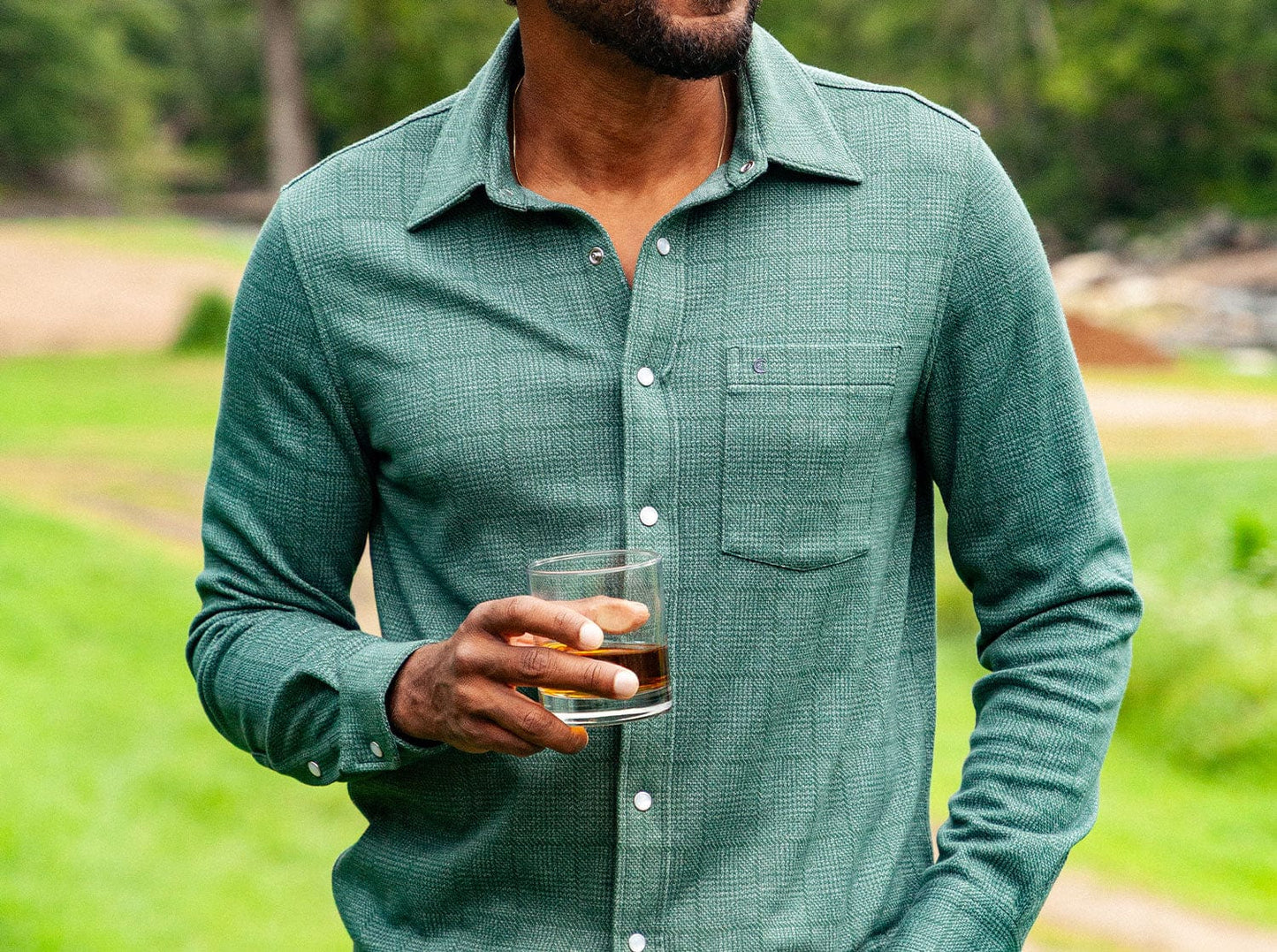 Chill-Knit Plaid Pearl Snap - Green Jacquard