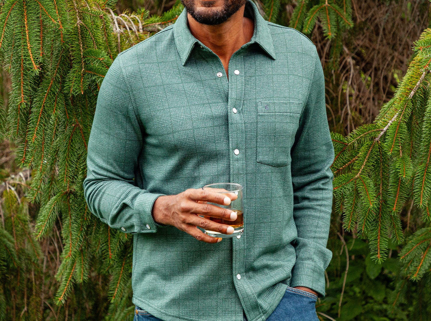 Chill-Knit Plaid Pearl Snap - Green Jacquard