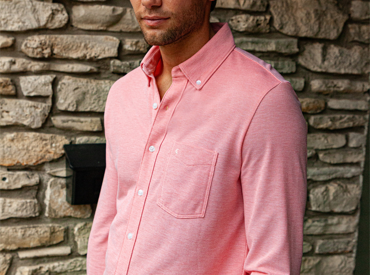 Oxford Knit Button Down - Soft Coral