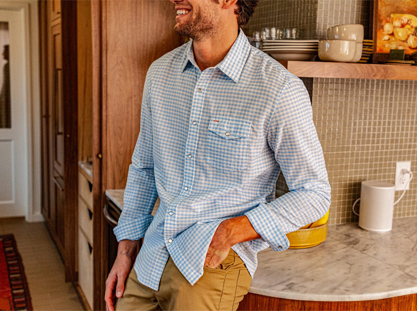 Spring Weight Corduroy Pearl Snap - Gingham Print - Sky