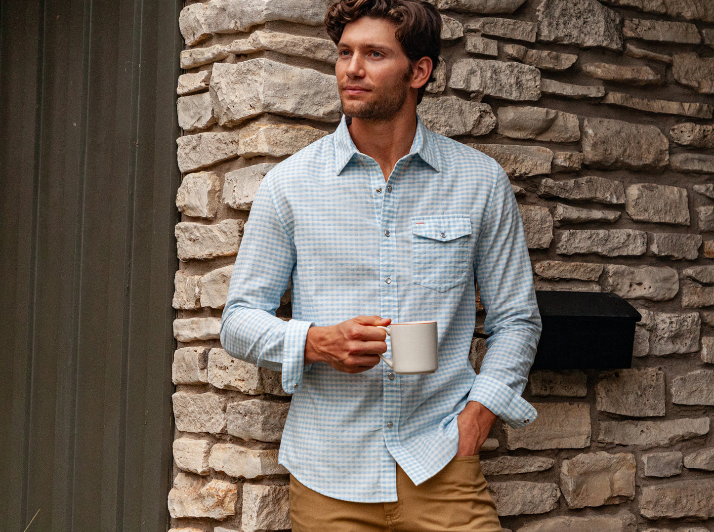 Spring Weight Corduroy Pearl Snap - Gingham Print - Sky