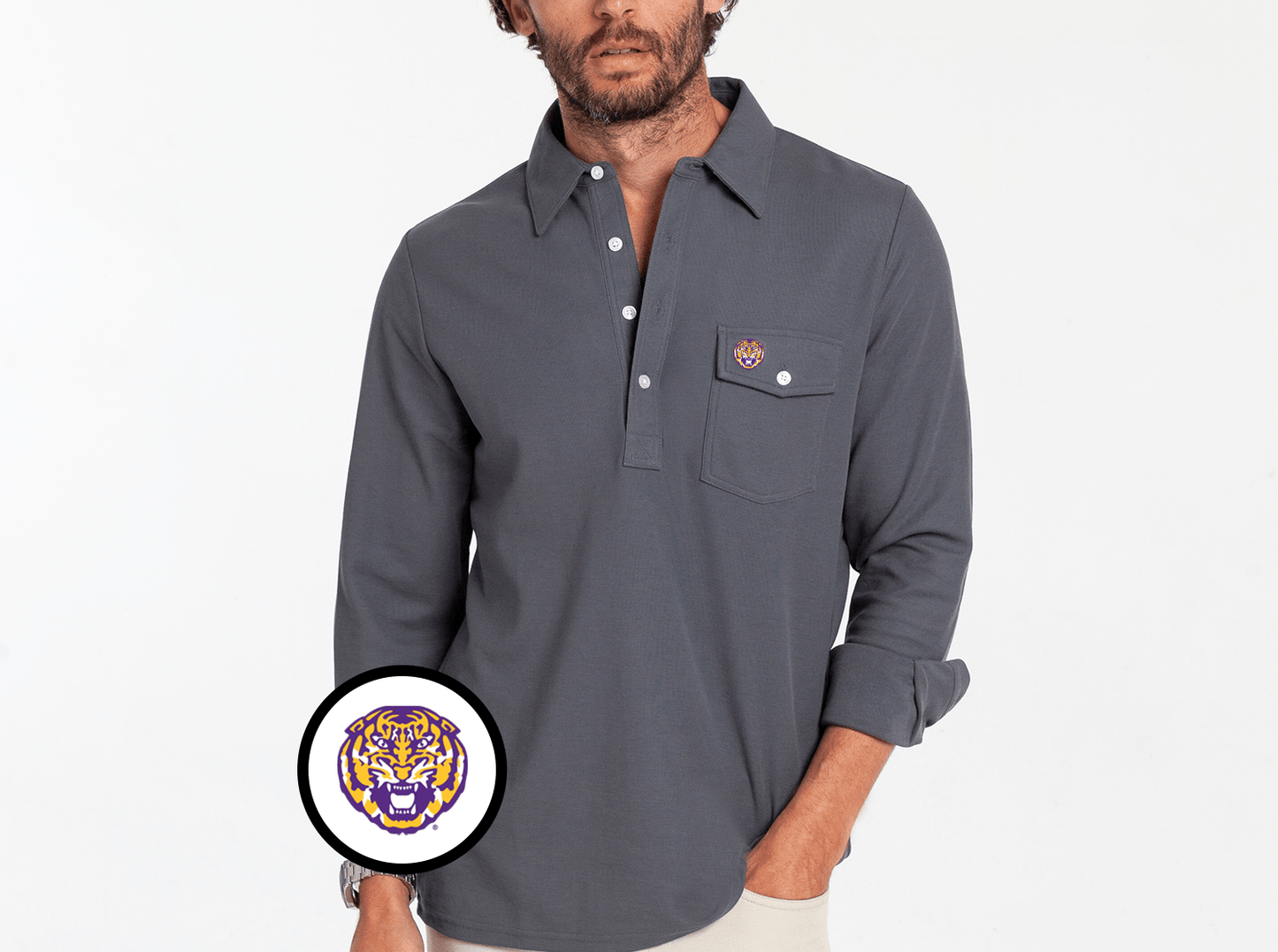 LSU - Long Sleeve Players Shirt - Tigerhead - Blue Steel
