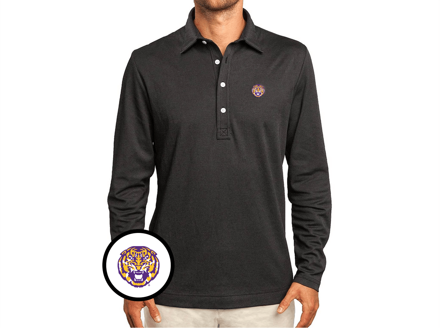 LSU - Jacquard Long Sleeve Range Polo - Tigerhead - Black
