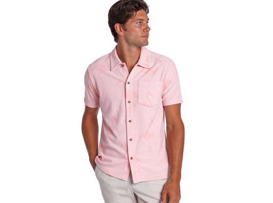 Terrycloth Button Down - Flamingo Jacquard