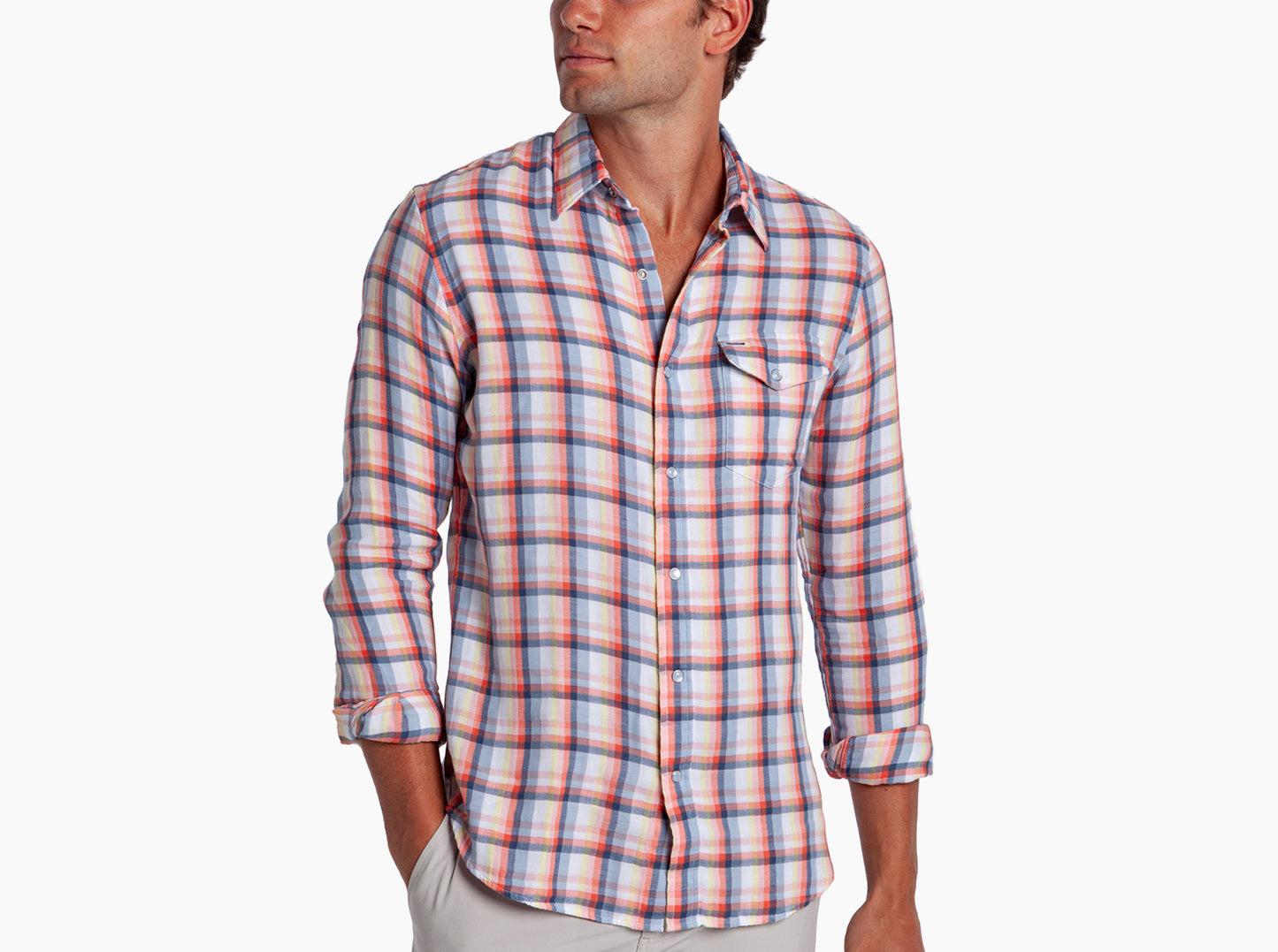 Double Cloth Flannel Pearl Snap - Multi Plaid - Peach