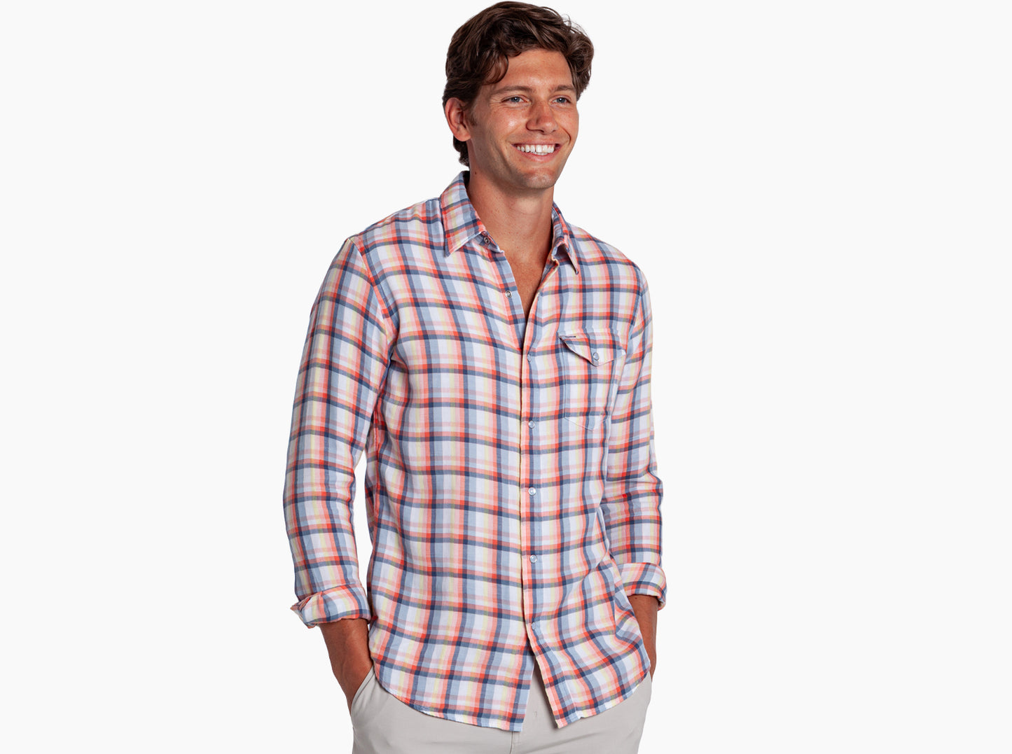 Double Cloth Flannel Pearl Snap - Multi Plaid - Peach