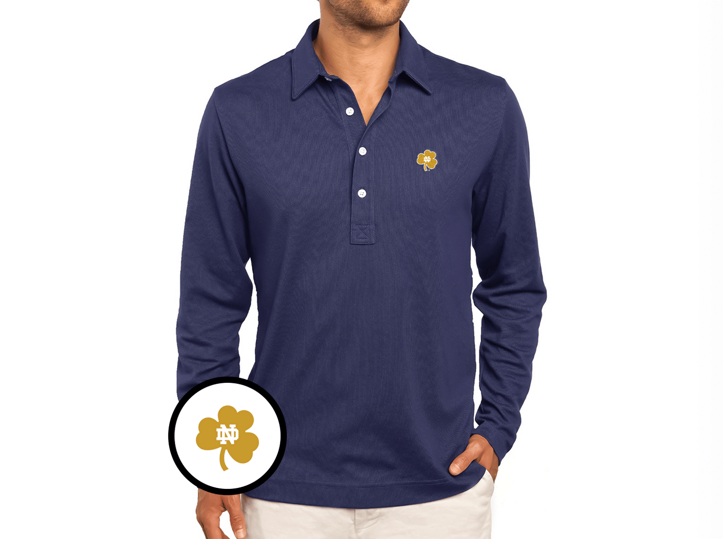 Notre Dame - Jacquard Long Sleeve Polo - Shamrock - Navy