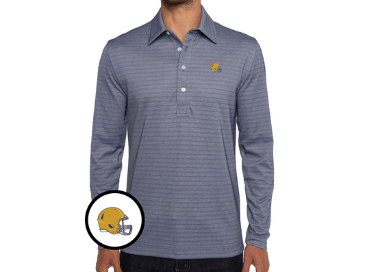 Criquet Notre Dame in Jacquard Long Sleeve Polo, Helmet, Navy Stripe, view 1
