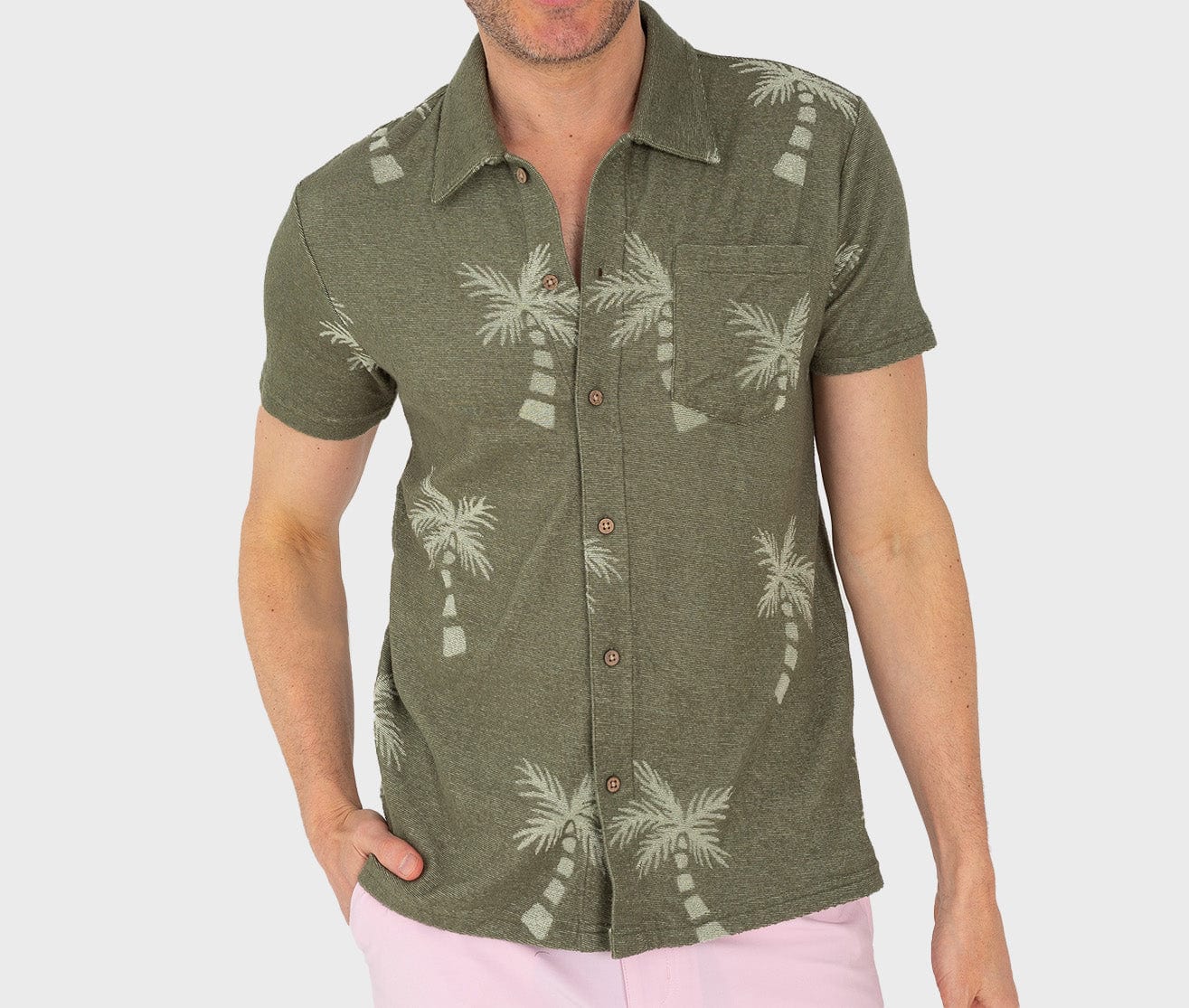 Terrycloth Button Down - Palm Jacquard - Olive