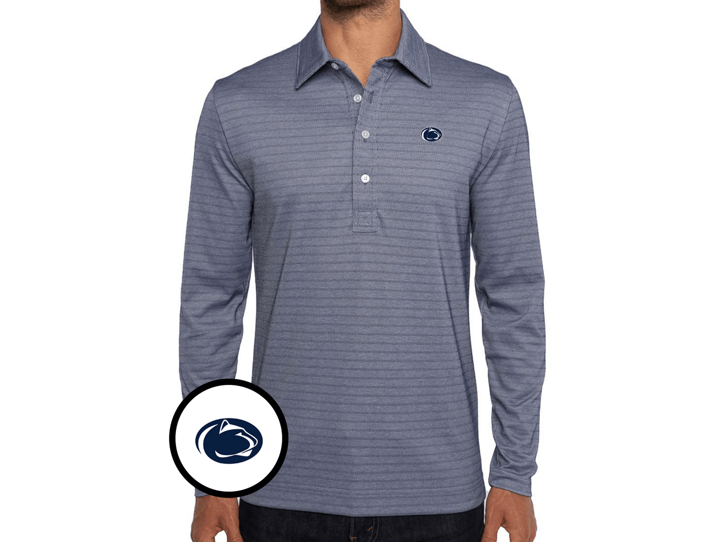 Penn State - Jacquard Long Sleeve Range Polo - Lion Icon - Navy Stripe