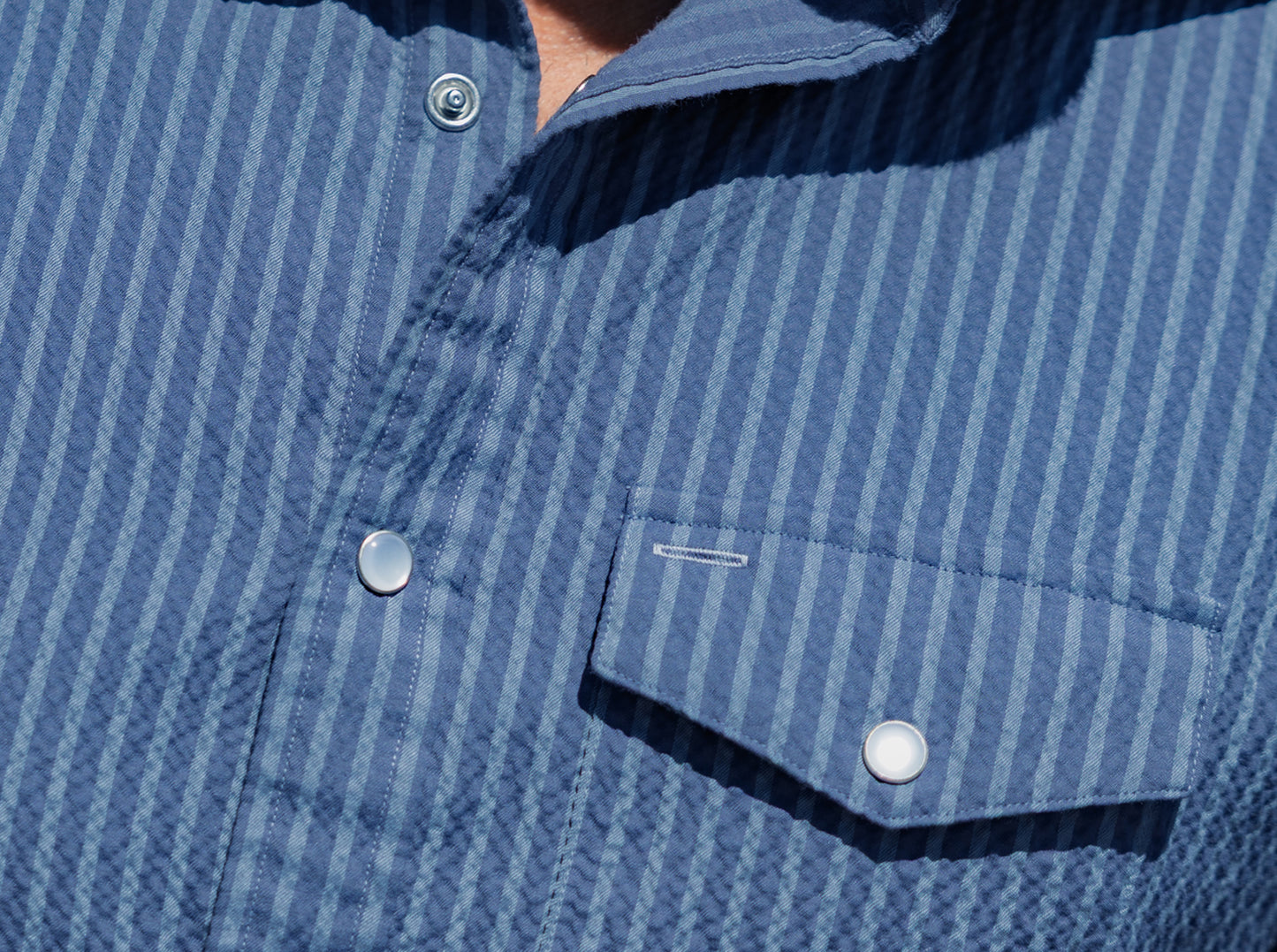 Short Sleeve Performance Pearl Snap - Dusty Blue Seersucker