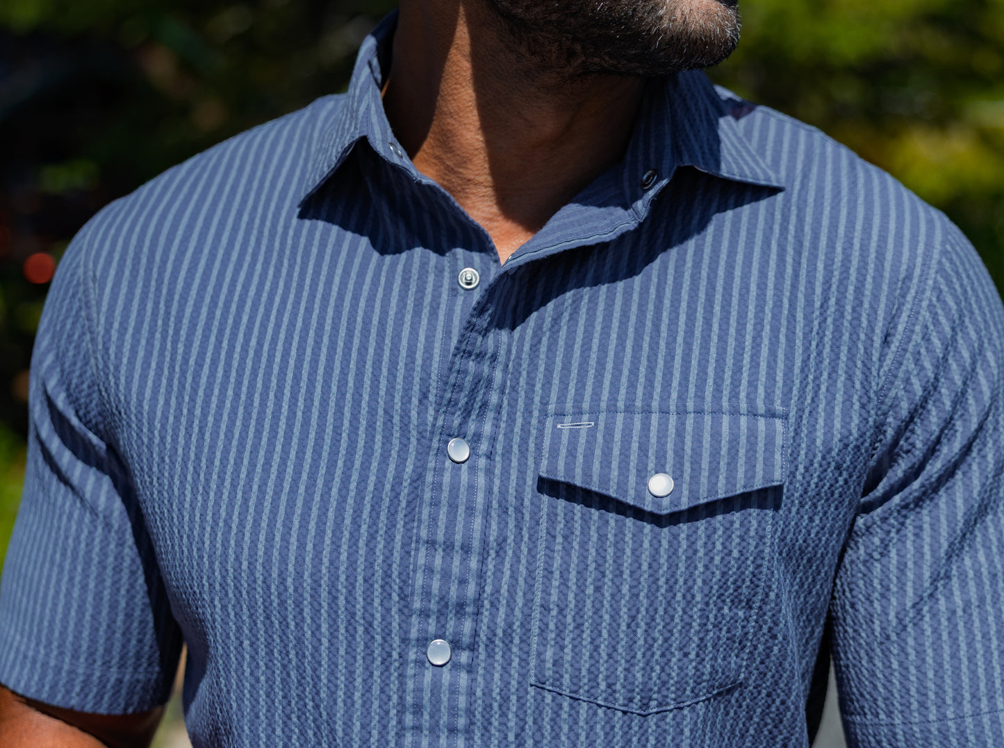 Short Sleeve Performance Pearl Snap - Dusty Blue Seersucker