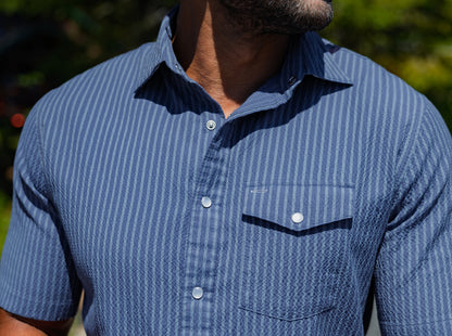 Short Sleeve Performance Pearl Snap - Dusty Blue Seersucker