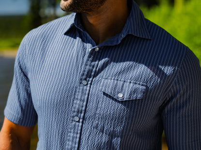 Short Sleeve Performance Pearl Snap - Dusty Blue Seersucker